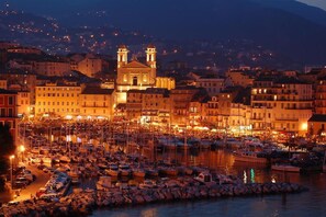 A marina with boats docked, a prominent church with two towers, and surrounding buildings.