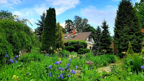 A traditional house with a sloped roof, surrounded by lush greenery and flowering plants. - Champêtre Park View Apartments (Riga)