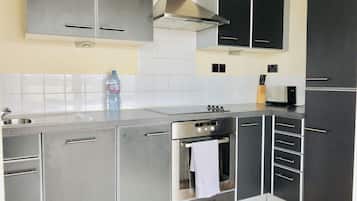Panoramic Penthouse, 2 Double Beds, Accessible, River View | Private kitchen | Coffee/tea maker, fridge, microwave, oven