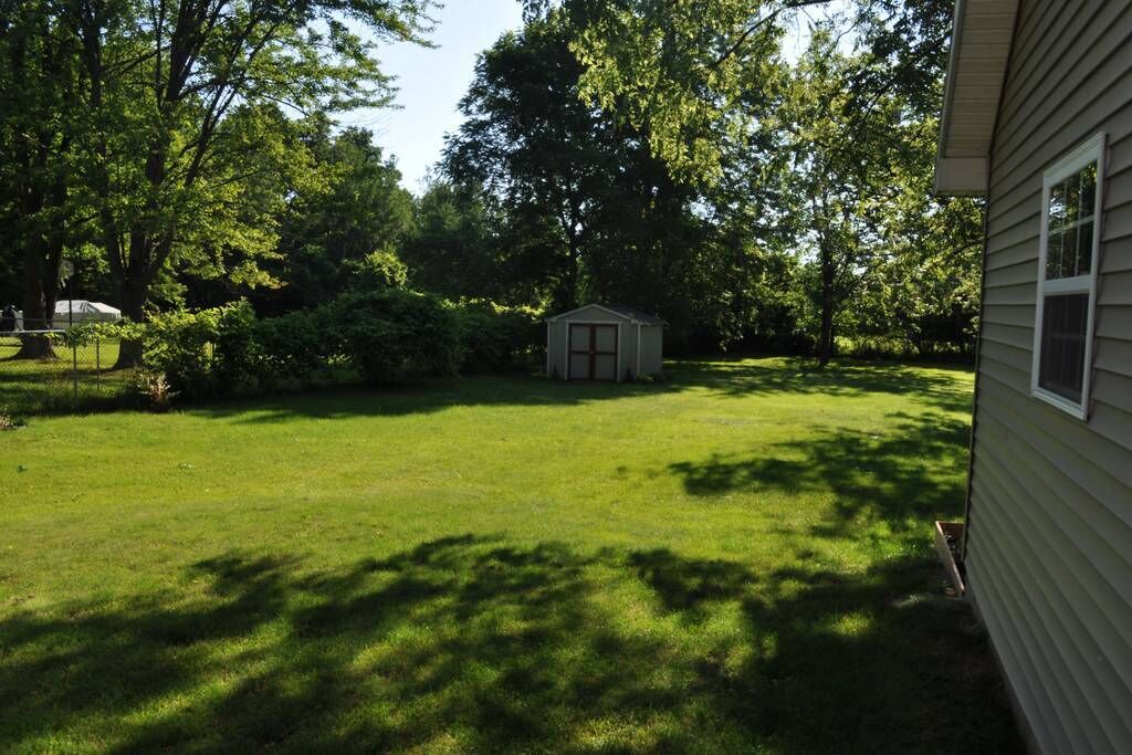 Een achtertuin met een tuinhuisje, een gazon en bomen.
