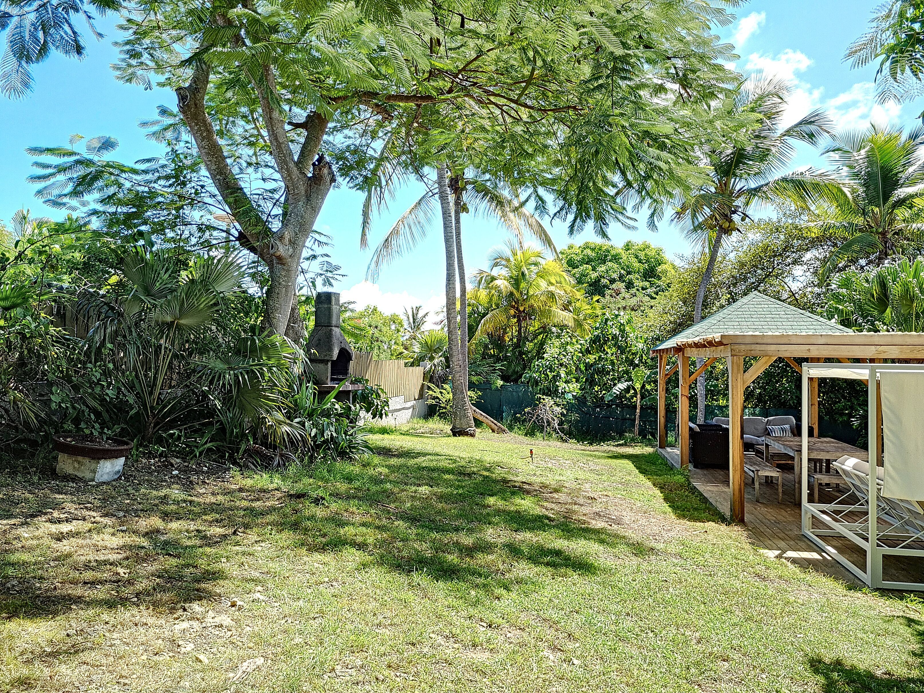A garden with a gazebo, a barbecue area, and a variety of tropical plants.