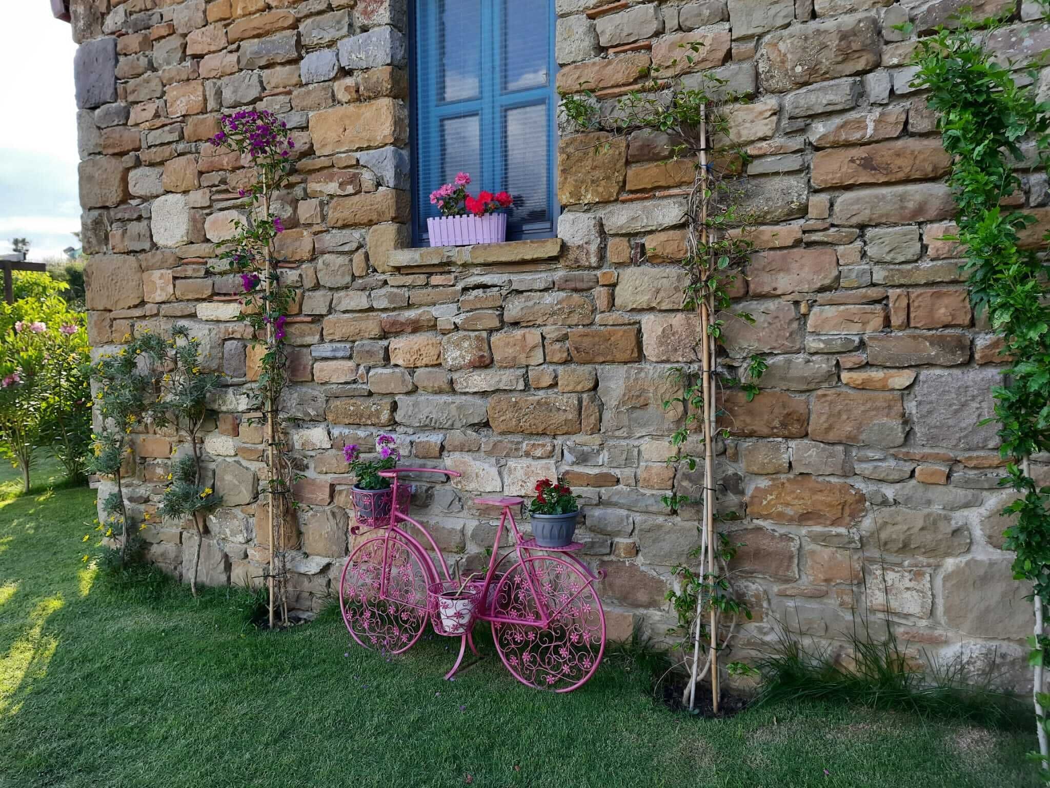 A stone building with a window, a pink bicycle, and potted plants.