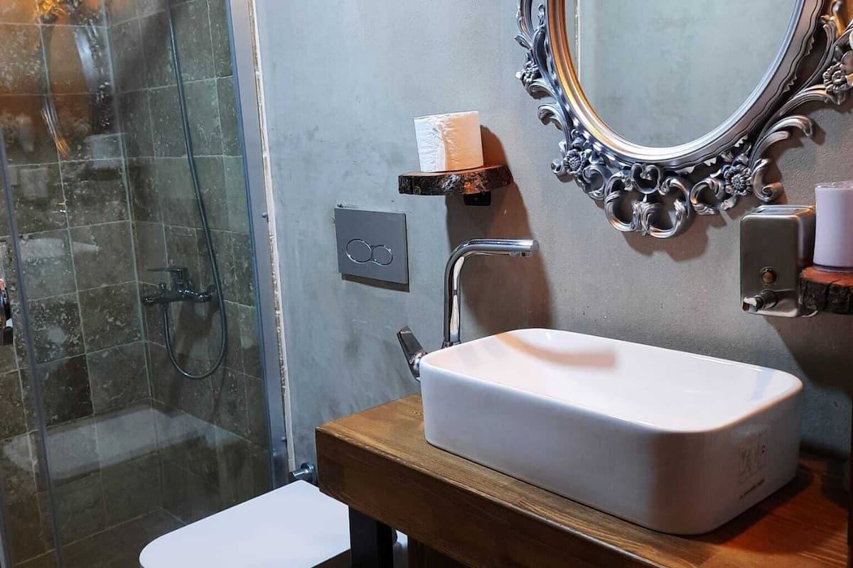 standard double room | bathroom | shower, rainfall showerhead, free toiletries, hair dryer