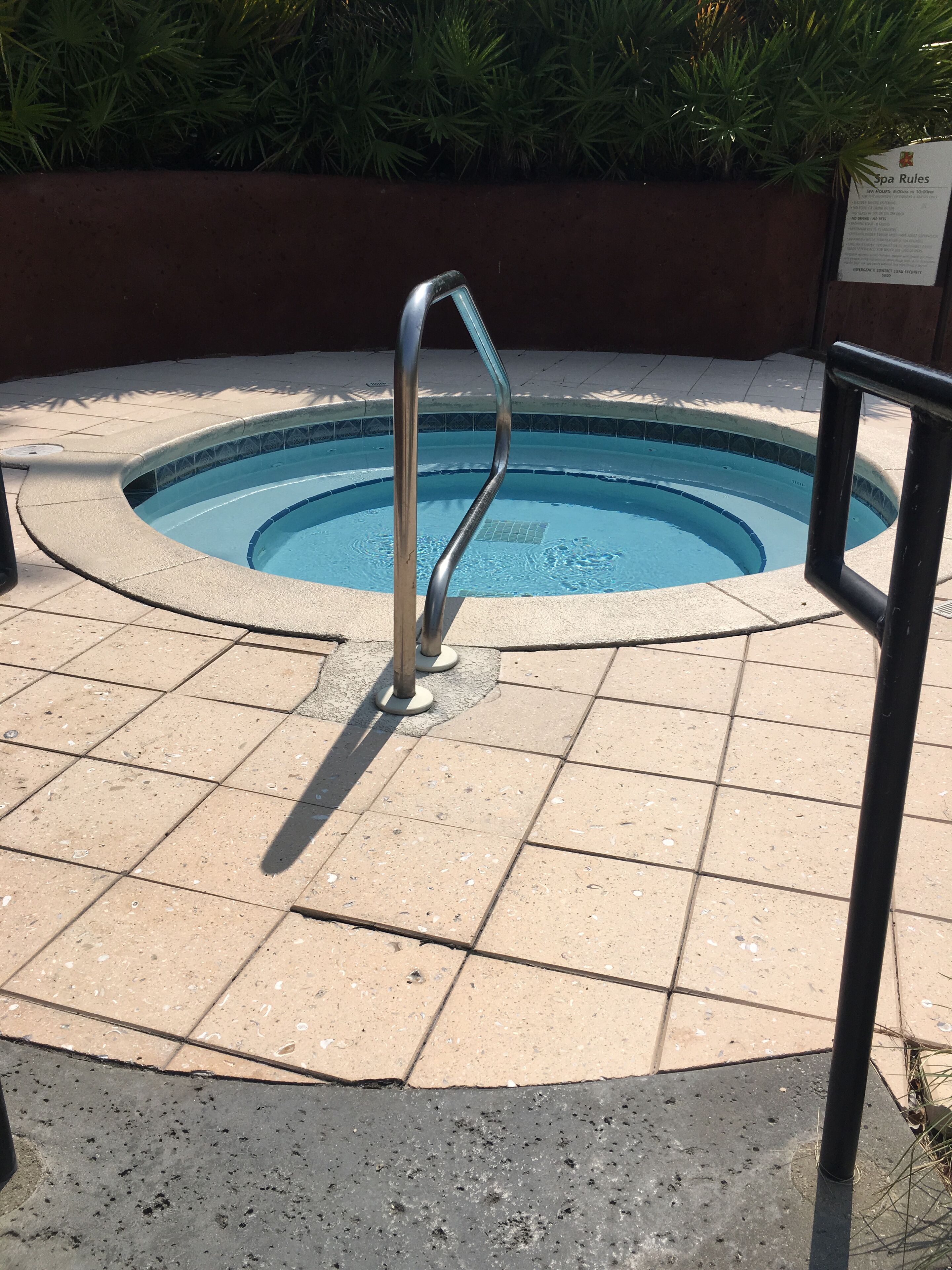 A swimming pool with a metal ladder, surrounded by tiled flooring and a planter with green foliage.