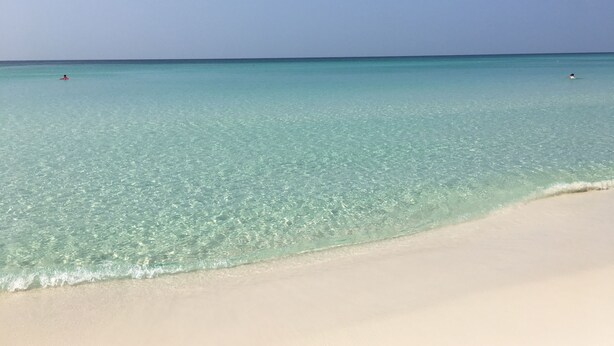 Una playa con agua turquesa cristalina y una orilla arenosa.