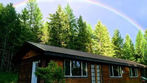 Suuri ikkuna varustettu hirsihökkelö, jonka ympärillä on tiheä metsä.