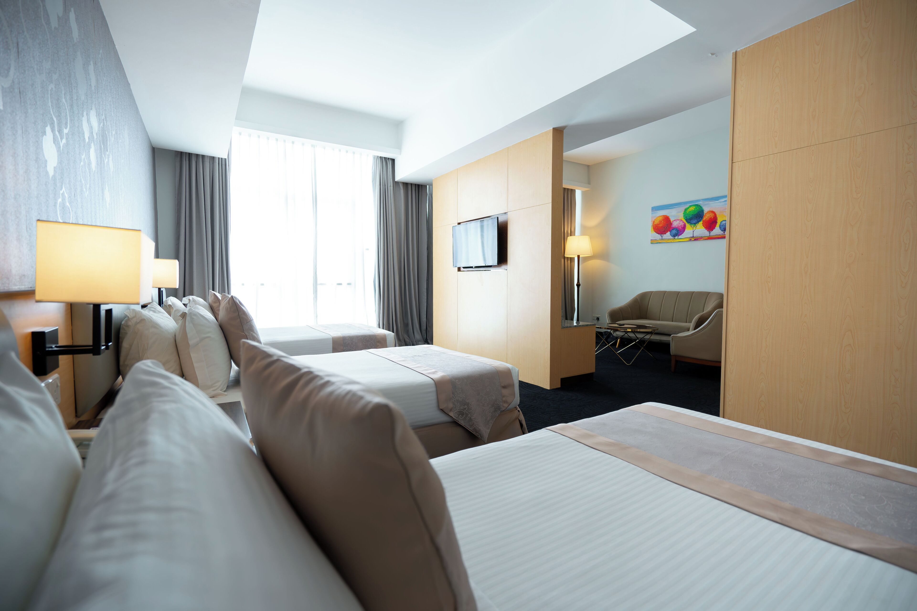 family room | premium bedding, minibar, in-room safe, individually furnished