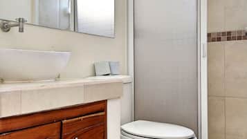 Shower, hair dryer, towels, toilet paper