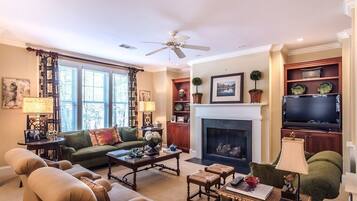 TV, fireplace, DVD player, books