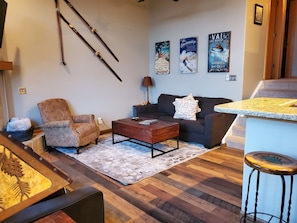 Smart TV, fireplace, foosball