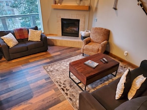 Smart TV, fireplace, foosball