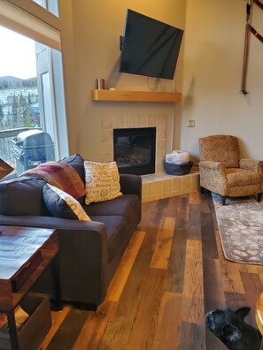 Smart TV, fireplace, table football, music library