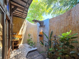 Shower, rainfall showerhead, designer toiletries, hair dryer