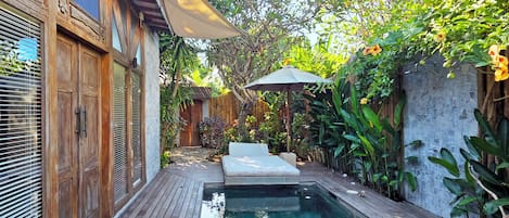 Outdoor pool, pool umbrellas, sun loungers