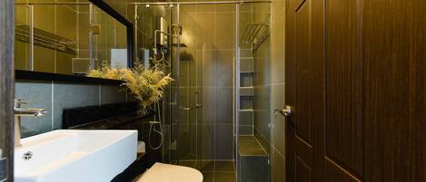 Hair dryer, towels, soap, shampoo