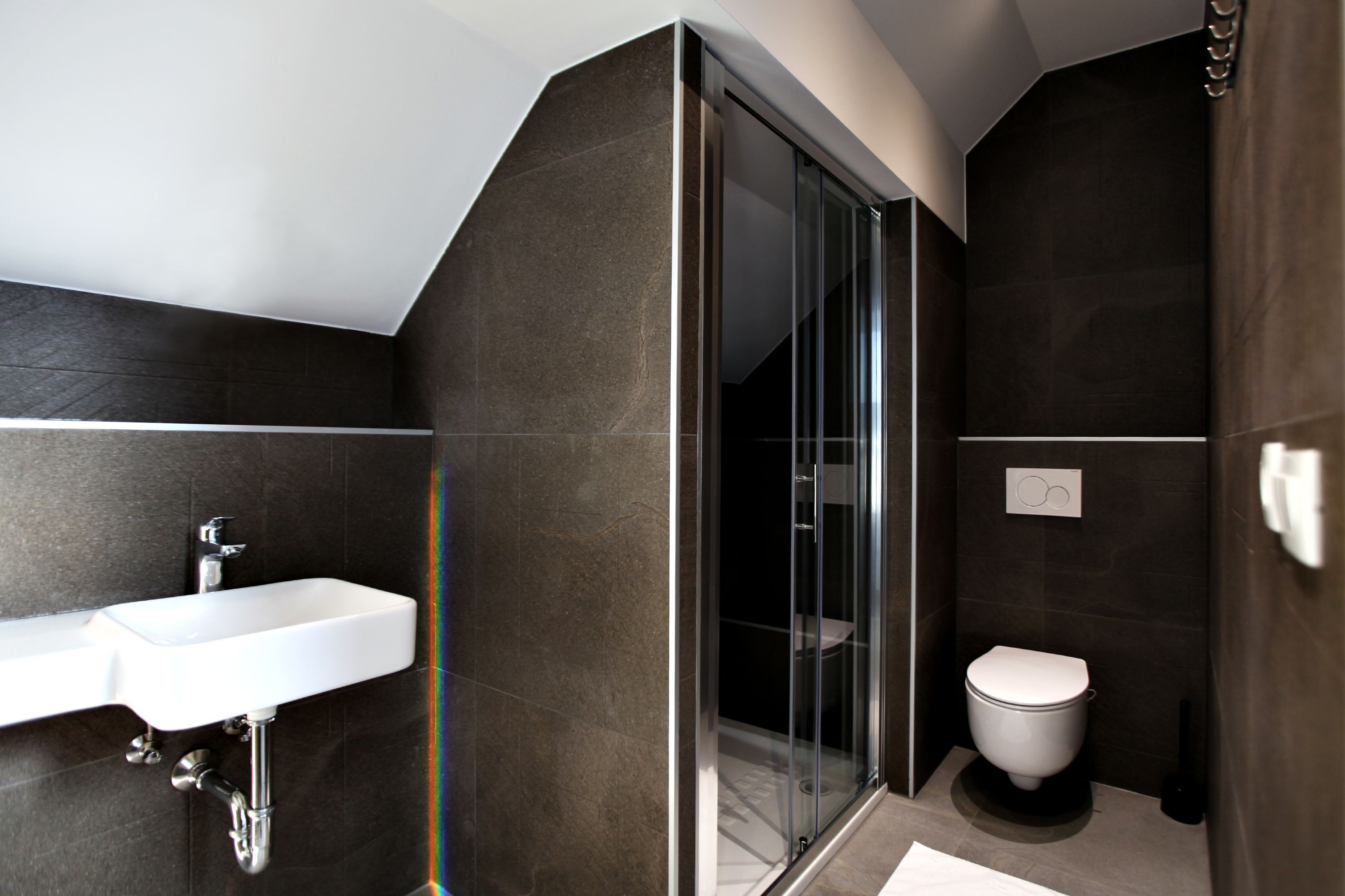 A modern bathroom with a glass shower enclosure, a white sink, and a toilet.