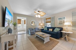 Televisio, DVD-soitin, kirjoja, musiikkikirjasto