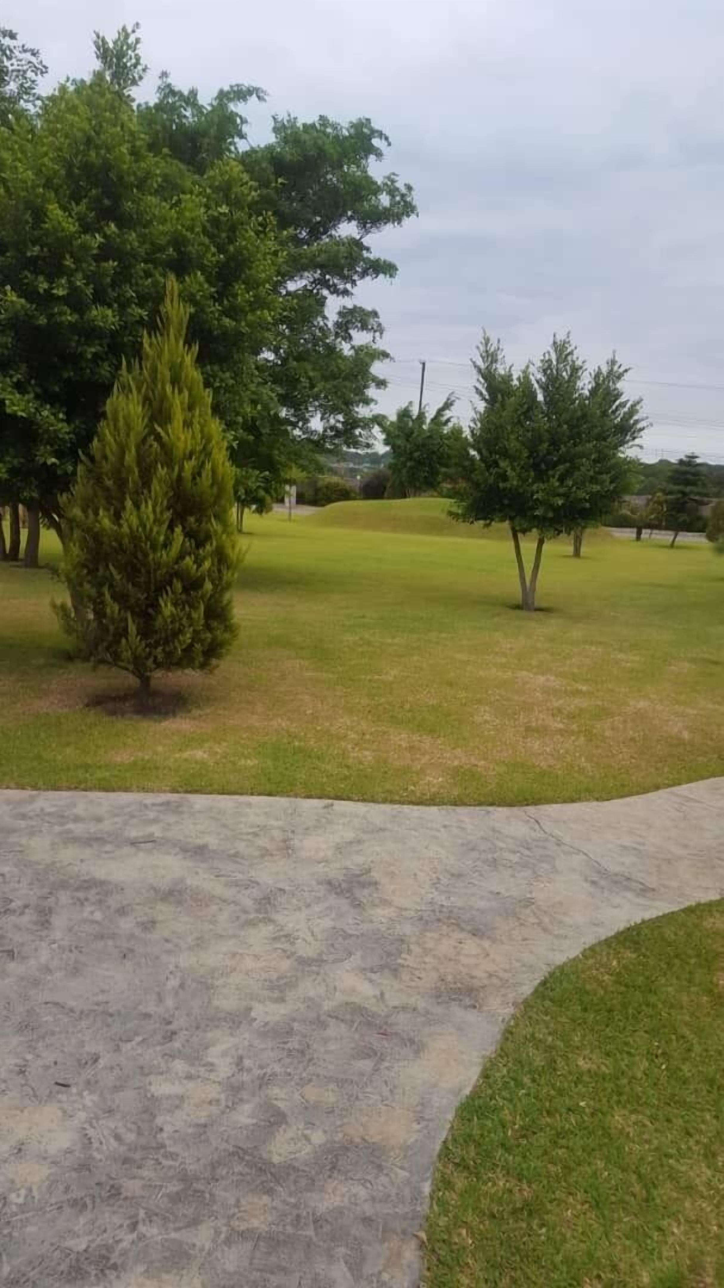 A paved pathway leading through a grassy area with several trees.