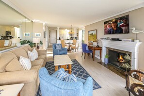 TV, fireplace, DVD player, table football