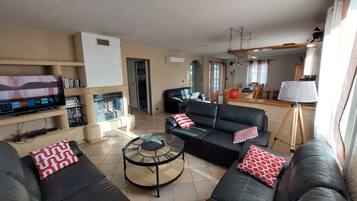 Una Smart TV, una chimenea, un reproductor de DVD, libros