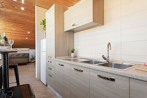 Frigorífico, microondas, horno y placa de cocina