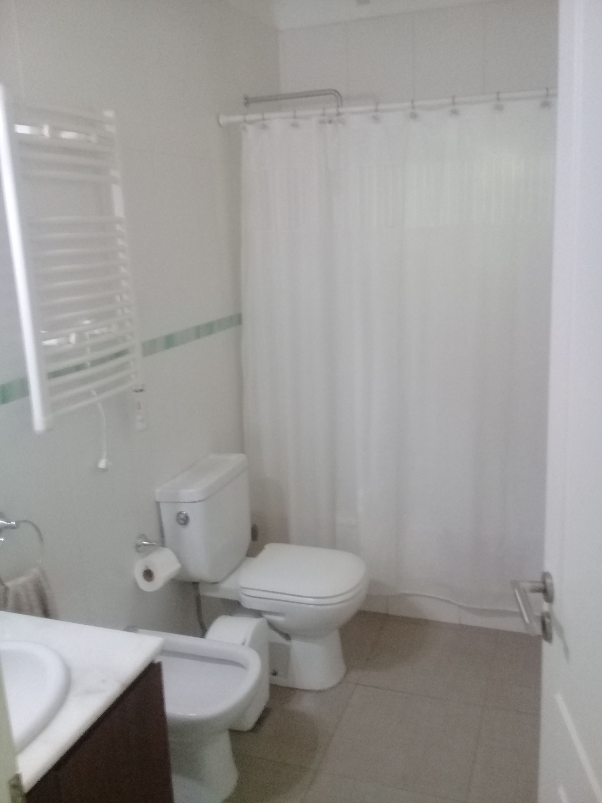A bathroom with a toilet, bidet, and a shower curtain.
