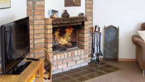 A brick fireplace with a fire, a television, and a wicker basket with a cat.