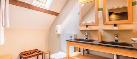 Un baño moderno con tragaluz, tocador de madera y un inodoro.
