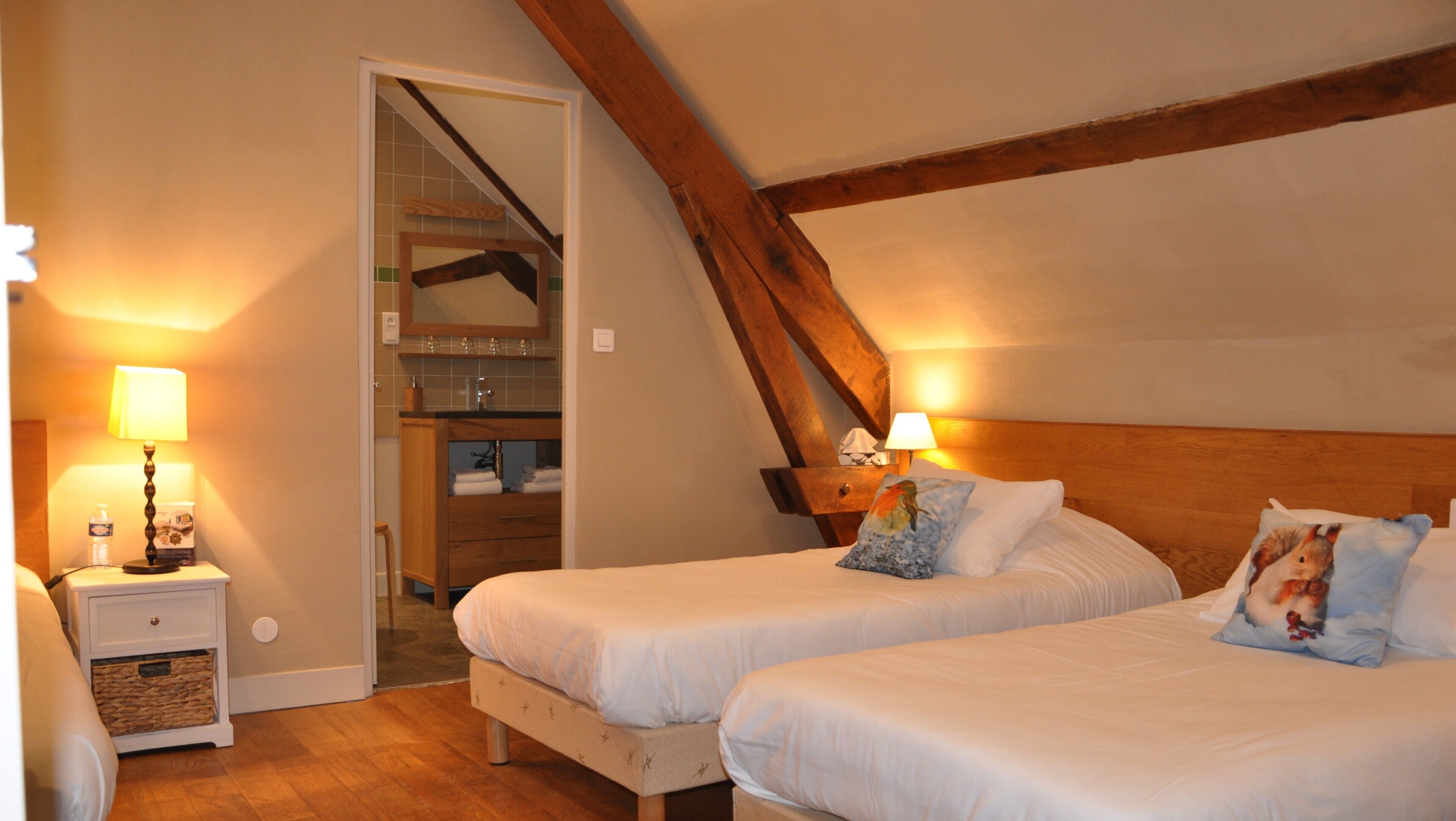 Une chambre avec deux lits, des poutres apparentes, une salle de bain avec un miroir et une table de chevet avec une lampe.