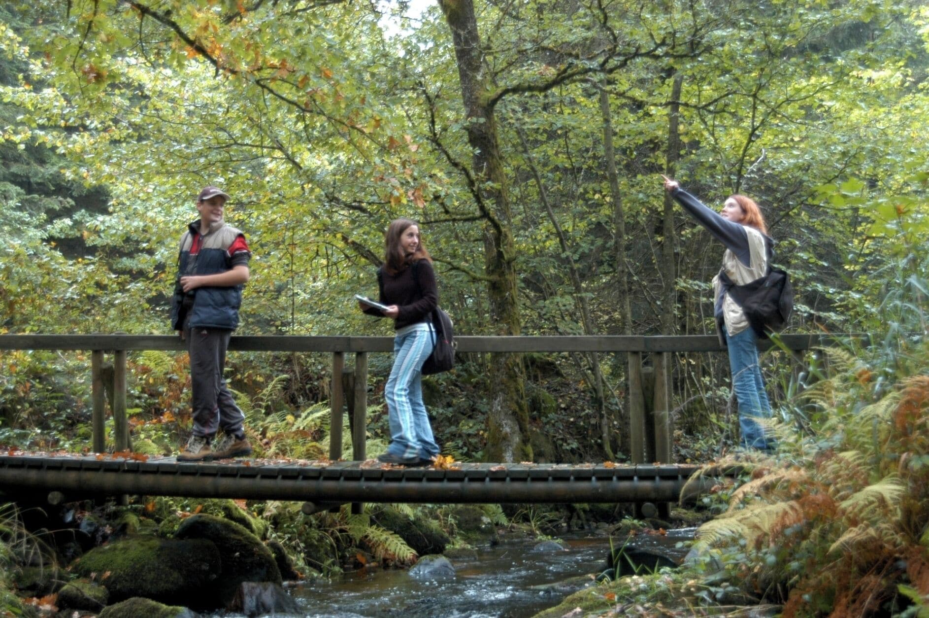 Three people on a wooden bridge over a stream in a forested area.