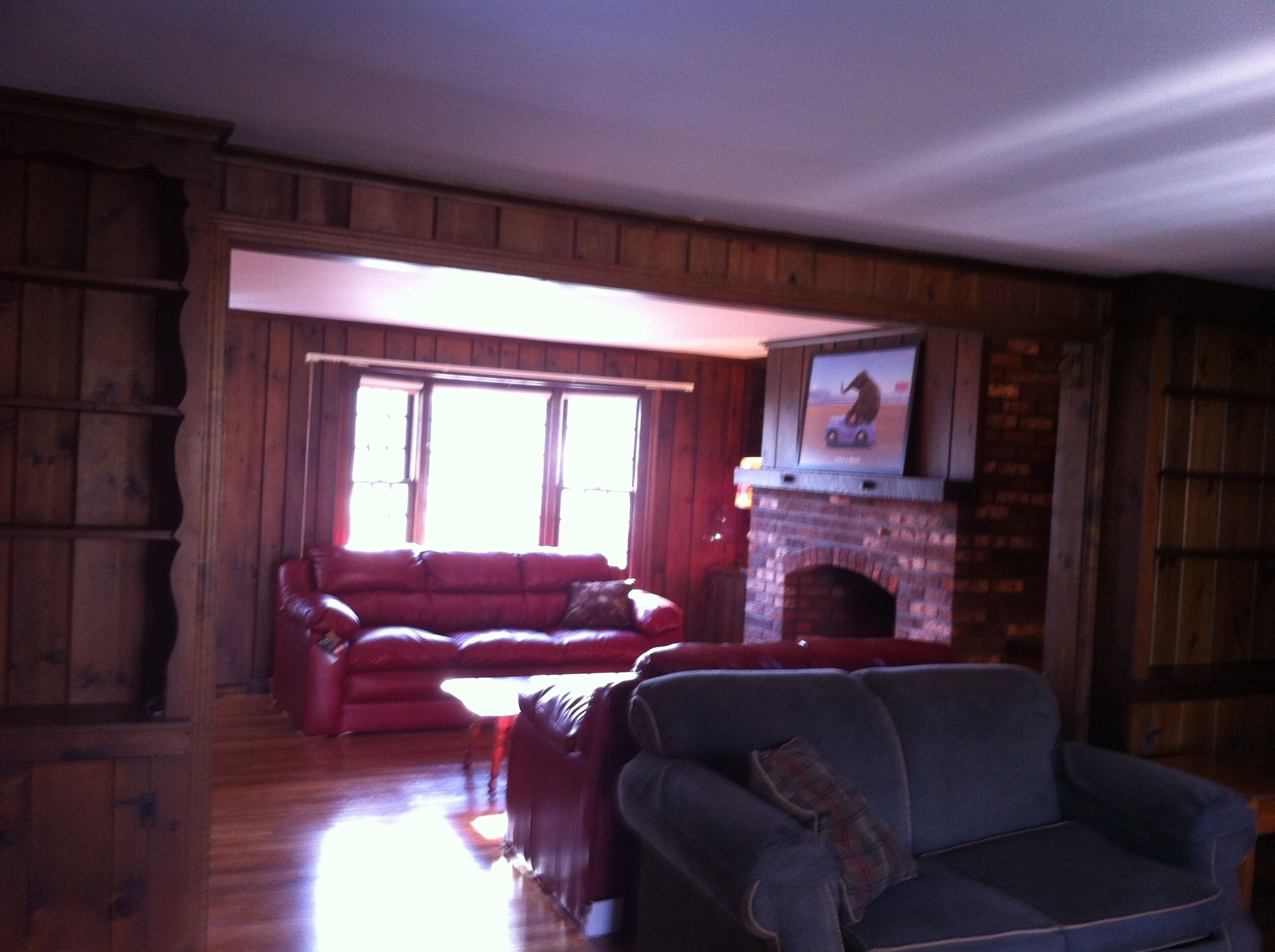A living room with a fireplace, a red sofa, and a blue sofa.