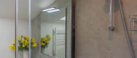 Douche, séchoir à cheveux, serviettes fournies, papier de toilette