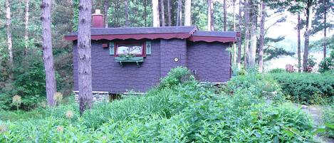 A small, rustic cabin surrounded by dense forest.