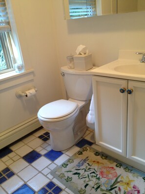 A bathroom with a toilet, a sink, and a window.