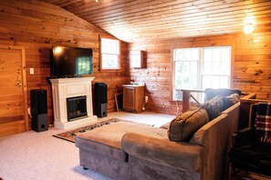 Smart TV, fireplace, DVD player, music library