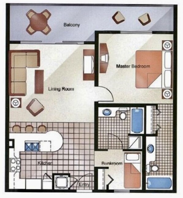 Plano de un hotel que muestra un balcón, dormitorio principal, habitación comunicada, cocina y cuarto de servicio.