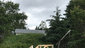 A wooden staircase leading up a rocky path, surrounded by large boulders and dense greenery. - Ocean front house with two private beaches-- on a peninsula--spectacular views! (Milbridge)