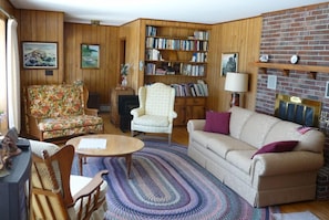 Smart TV, caminetto, lettore DVD, libri