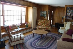 Smart TV, fireplace, DVD player, books