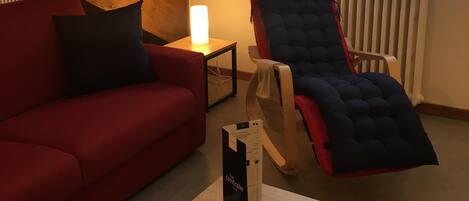 TV, fireplace, books