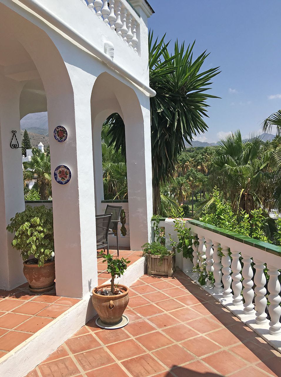 A covered patio area with terracotta tiles, white columns, and potted plants.