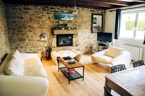 Smart TV, fireplace, DVD player, stereo