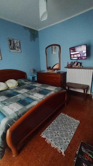 A bedroom with a wooden bed, a dresser, a mirror, a television, and a patterned rug.
