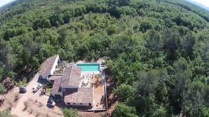Une maison avec une piscine, entourée d’une forêt dense.