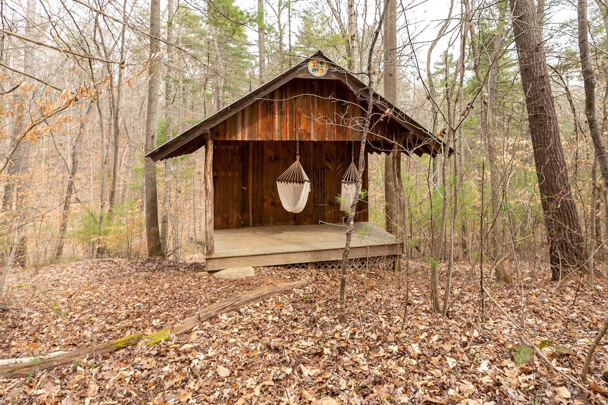 Una cabaña de madera rústica con porche, rodeada de un bosque.