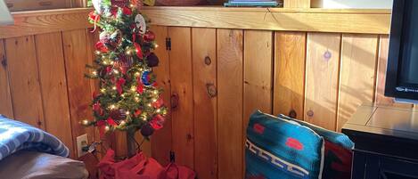 Una habitación acogedora con piso de madera, un pequeño árbol de Navidad, una estantería con libros y un comedero para pájaros, y un televisor sobre un mueble.