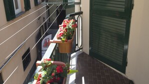 Un balcone stretto con pavimento piastrellato e una porta con persiana verde. Sul cornicione ci sono piante in vaso con fiori rossi.