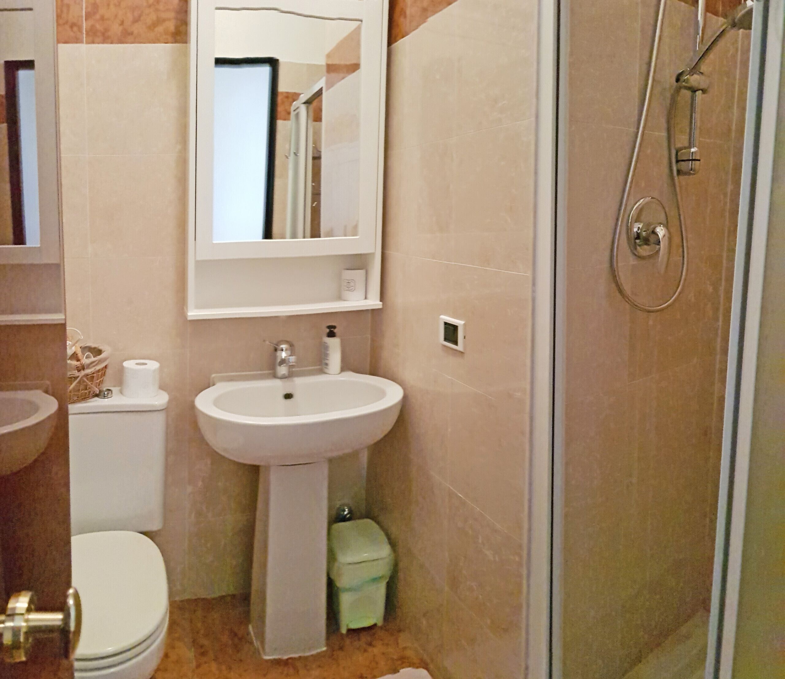 A bathroom with a sink, toilet, and shower.