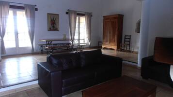 Télévision, cheminée, lecteur de DVD, table de tennis de table