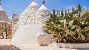 Ein traditionelles Steinhaus mit Kegeldächern, einer Kakteepflanze und einer weißen Vase.
